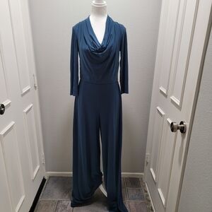 Joseph Ribkoff Signature Label Teal Draped-Neck Long-Sleeve Wide-Leg Jumpsuit